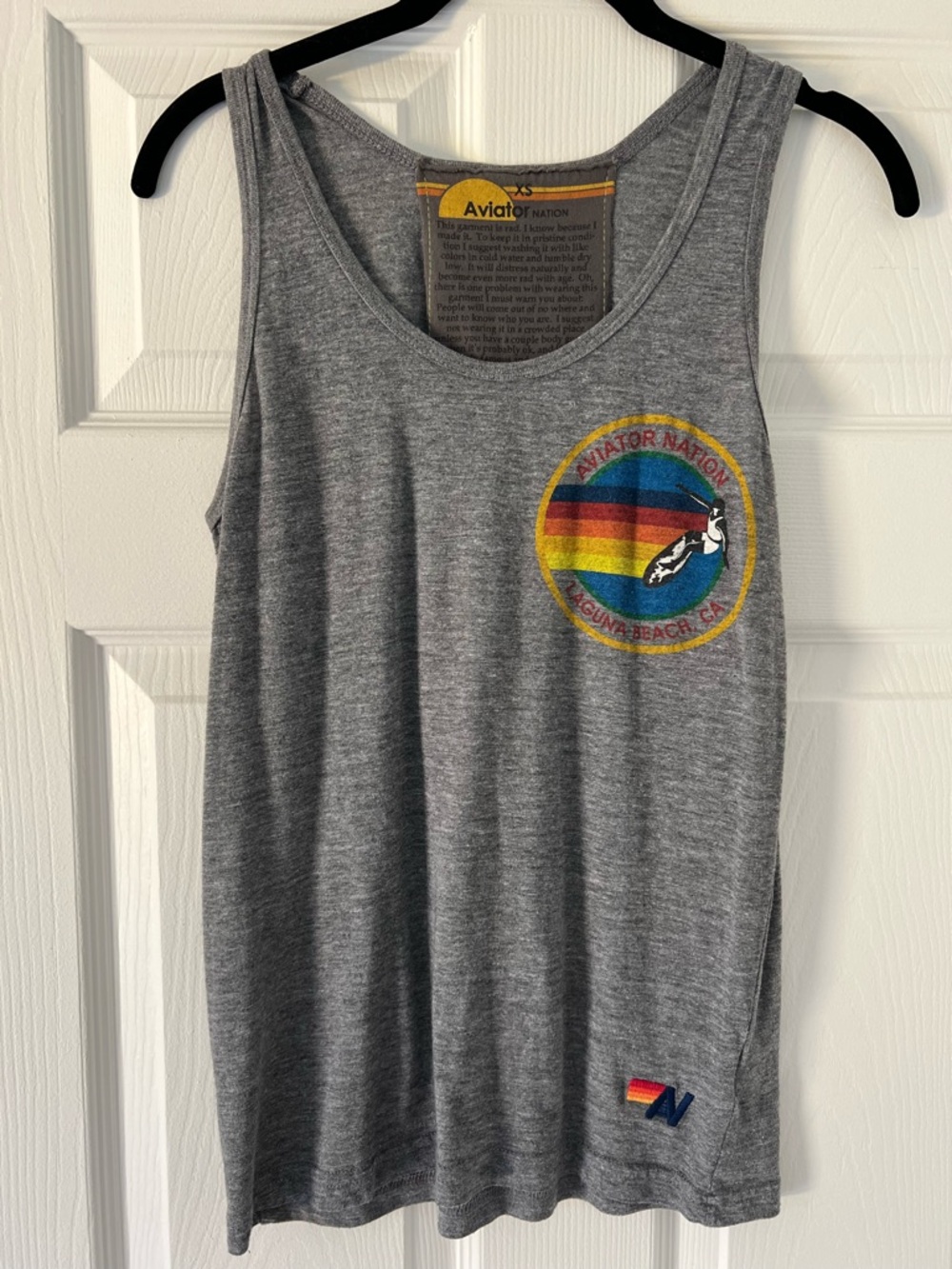 Aviator Nation Gray Laguna Beach Tank with Rainbow Surfer Logo